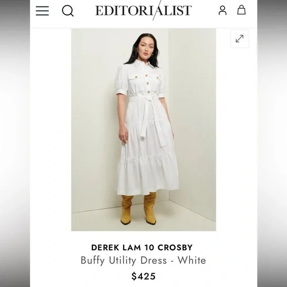 Derek Lam 10 Crosby White Utility Midi Dress - Size 14 Belted Puff Sleeve - Picture 5 of 5